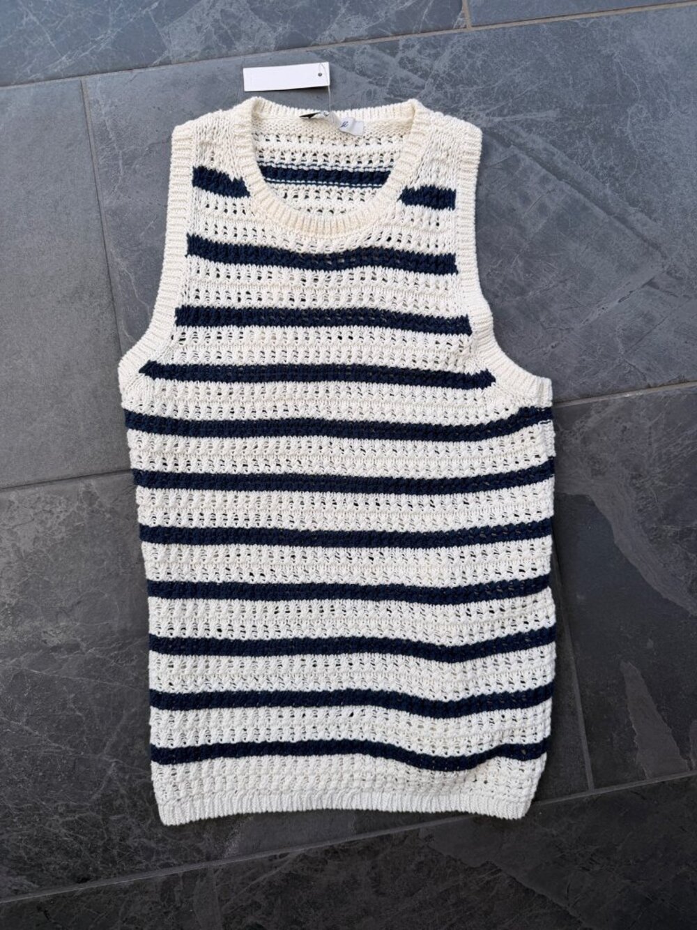 Madewell Portman Crochet Tank Top Knit Crewneck Boho Ivory/Navy Racerback Sz XXS